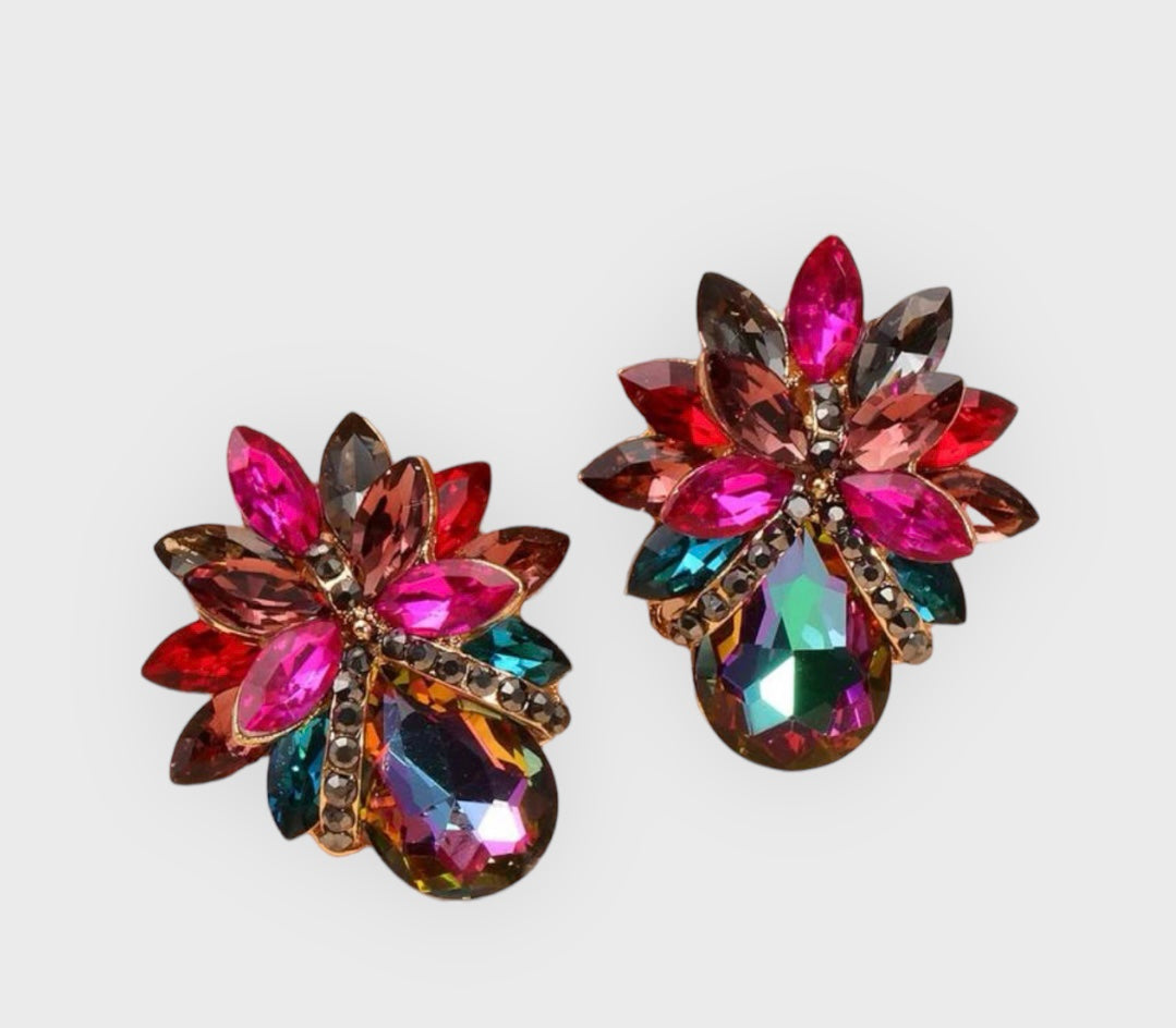 Flower Jeweled Earrings (Pink)